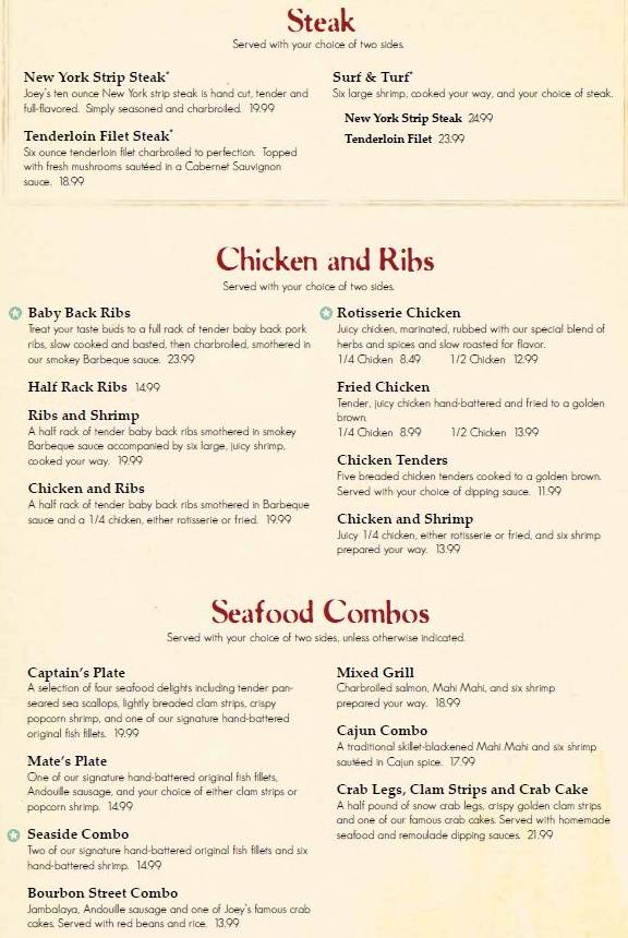 Joeys Seafood And Grill Menu In Houghton Mi